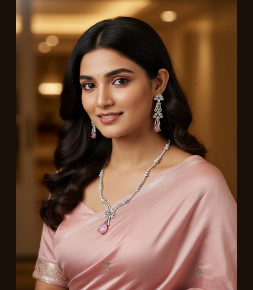 1 (1) Kacper Women's Traditional Gold Plated AD Stone Colour Baby pink Collar Bone Necklace Set - Image 1