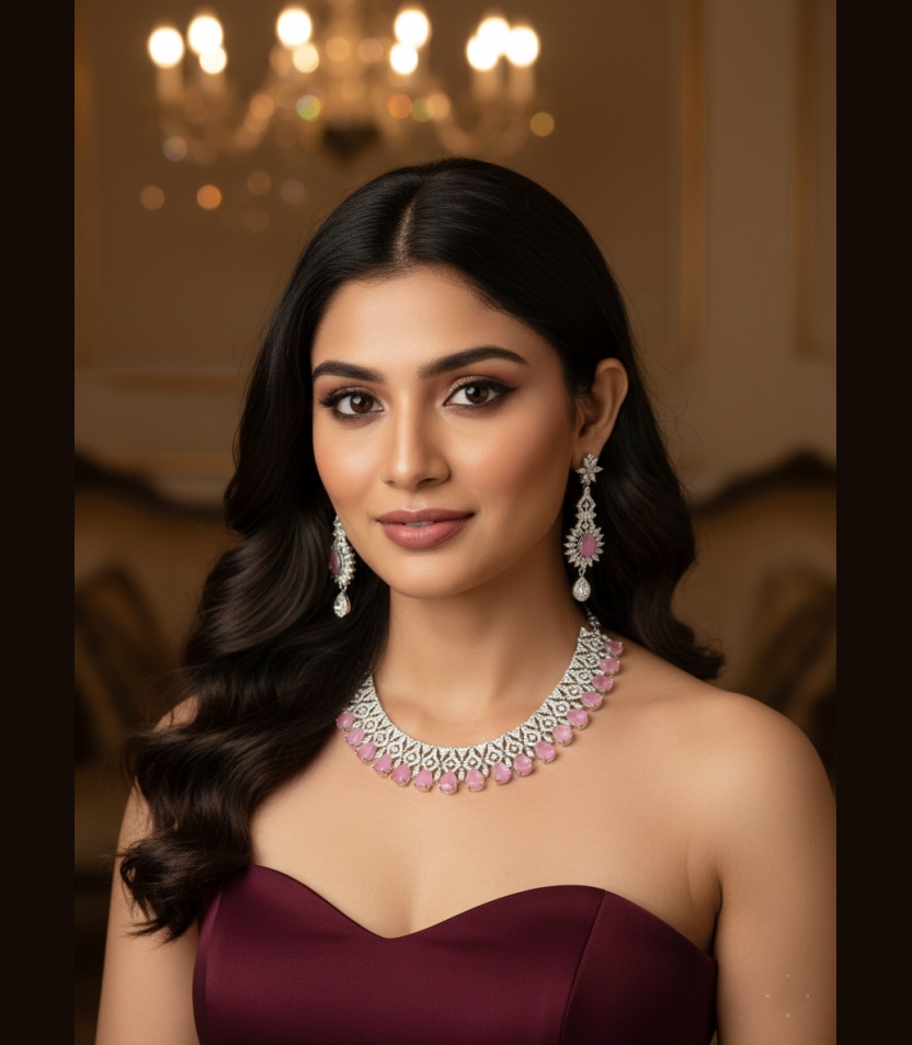 1 (31) Kacper Women's Traditional Gold Plated AD Stone Colour Baby pink Collar Bone Necklace Set - Image 1