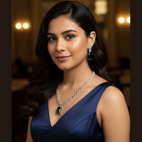 Kacper Women's Traditional Gold Plated AD Stone Colour Green Collar Bone Necklace Set