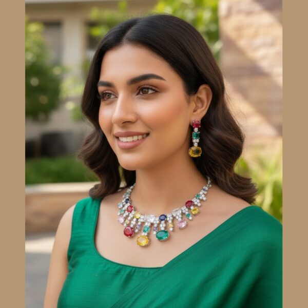 Kacper Women's Traditional Gold Plated AD Stone Colour Multi  Collar Bone Necklace Set