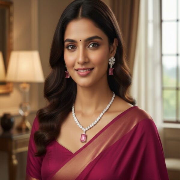 Kacper Women's Traditional Gold Plated AD Stone Colour Baby Pink Collar Bone Necklace Set