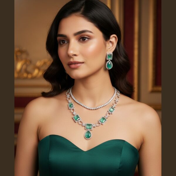 Kacper Women's Traditional Gold Plated AD Stone Colour Green Collar Bone Necklace Set