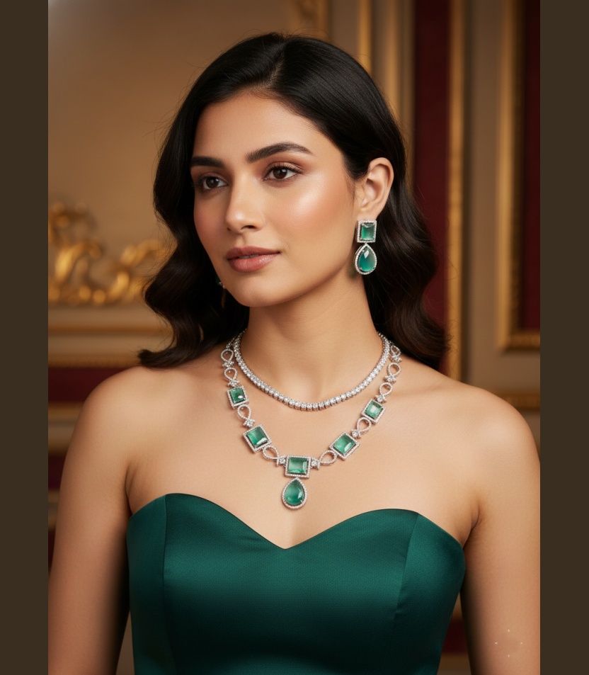 1 (38) Kacper Women's Traditional Gold Plated AD Stone Colour Green Collar Bone Necklace Set - Image 1