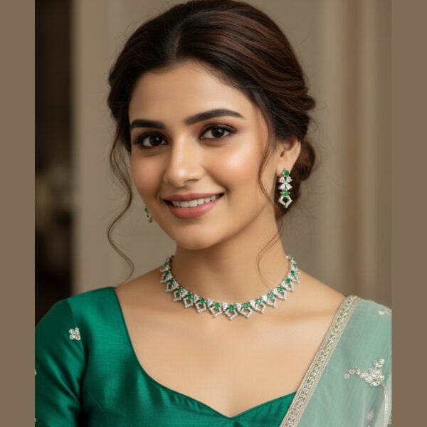 Kacper Women's Traditional Gold Plated AD Stone Colour Green  Collar Bone Necklace Set