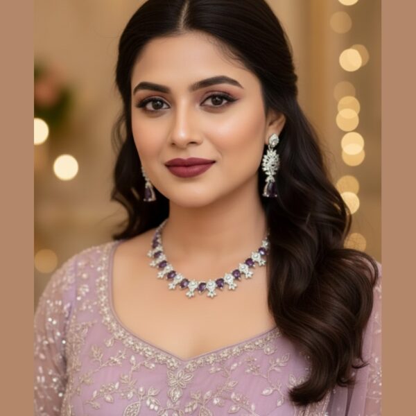 Kacper Women's Traditional Gold Plated AD Stone Colour Baby Purple  Collar Bone Necklace Set