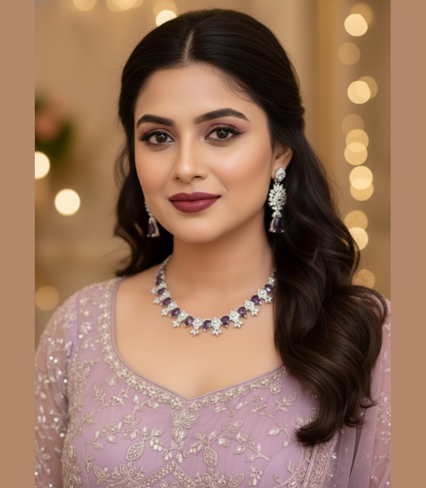 1 (42) Kacper Women's Traditional Gold Plated AD Stone Colour Baby Purple Collar Bone Necklace Set - Image 1