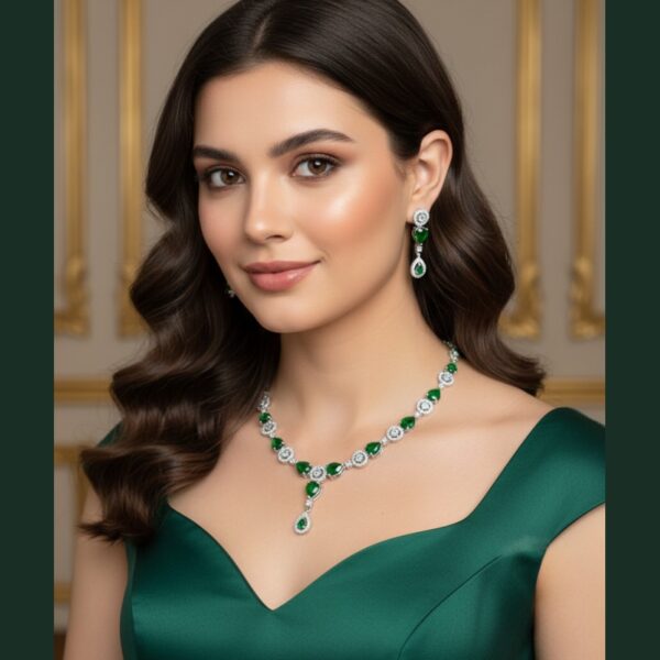 Kacper Women's Traditional Gold Plated AD Stone Colour Green Collar Bone Necklace Set