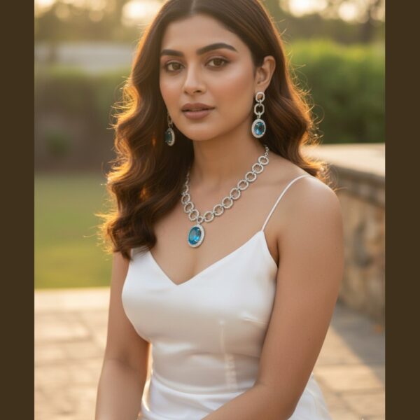 Kacper Women's Traditional Gold Plated AD Stone Colour Sky Blue Collar Bone Necklace Set