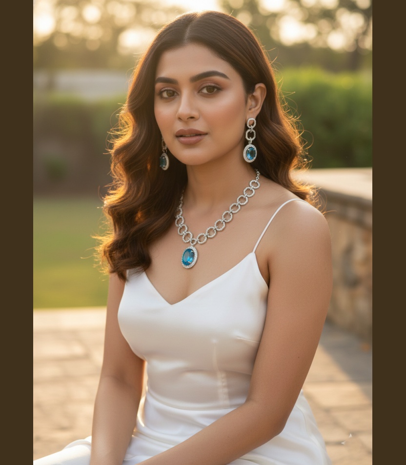 1 (46) Kacper Women's Traditional Gold Plated AD Stone Colour Sky Blue Collar Bone Necklace Set - Image 1