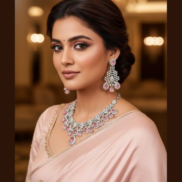 Kacper Women's Traditional Gold Plated AD Stone Colour Baby Pink Collar Bone Necklace Set