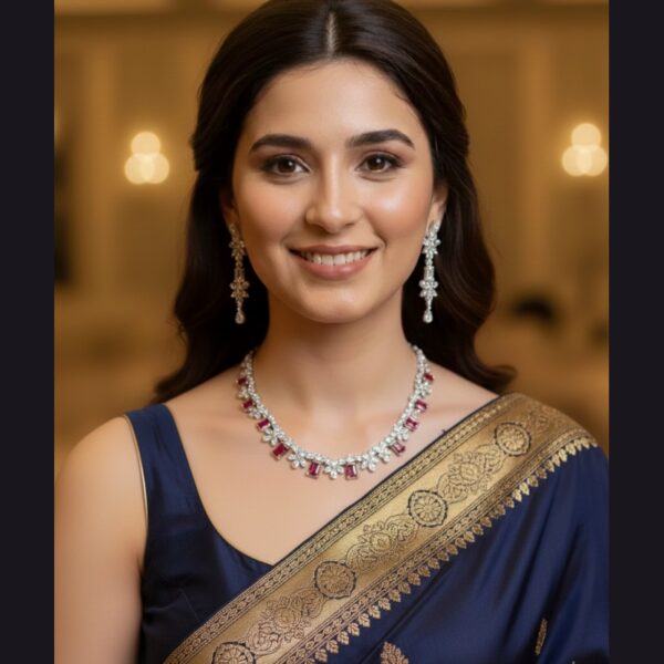 Kacper Women's Traditional Gold Plated AD Stone Colour Red Collar Bone Necklace Set