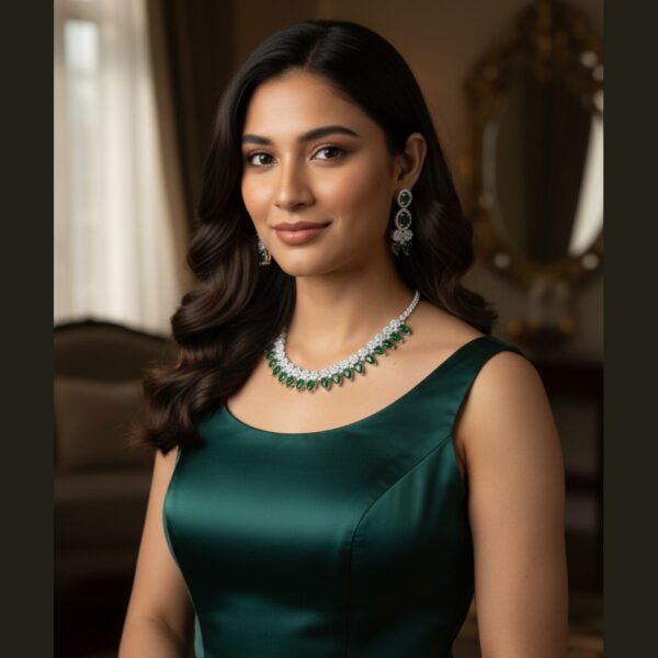 Kacper Women's Traditional Gold Plated AD Stone Colour Green Collar Bone Necklace Set