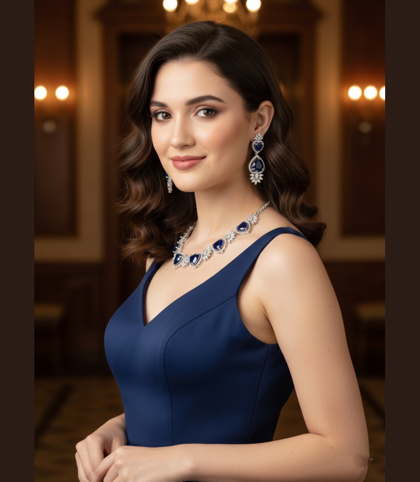 1 (54) Kacper Women's Traditional Gold Plated AD Stone Colour Blue Collar Bone Necklace Set - Image 1