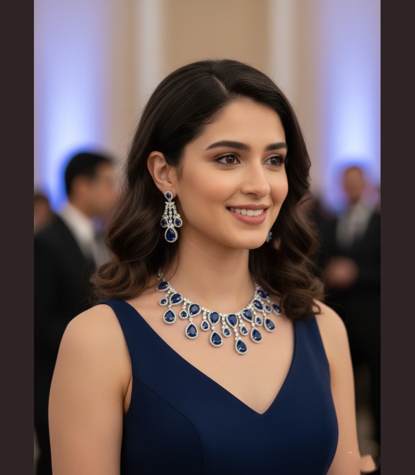 1 (56) Kacper Women's Traditional Gold Plated AD Stone Colour Blue Collar Bone Necklace Set - Image 1