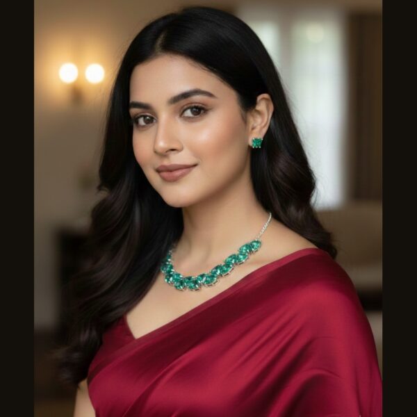 Kacper Women's Traditional Gold Plated AD Stone Colour Green Collar Bone Necklace Set