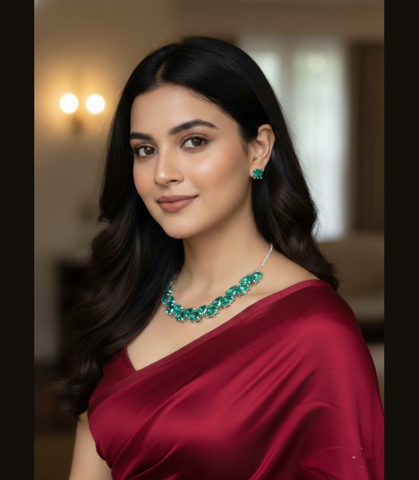 1 (57) Kacper Women's Traditional Gold Plated AD Stone Colour Green Collar Bone Necklace Set - Image 1