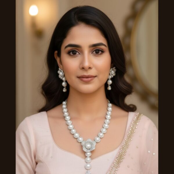 Kacper Women's Traditional Gold Plated AD Stone Colour White Collar Bone Necklace Set pearl Necklace