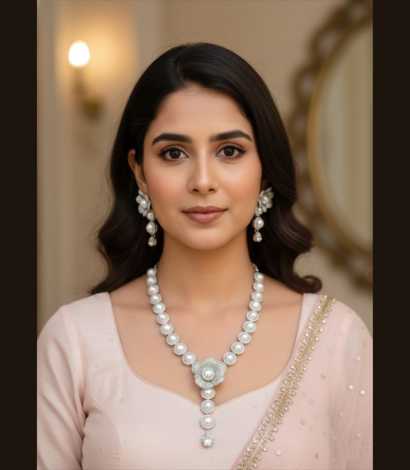 1 (58) Kacper Women's Traditional Gold Plated AD Stone Colour White Collar Bone Necklace Set pearl Necklace - Image 1