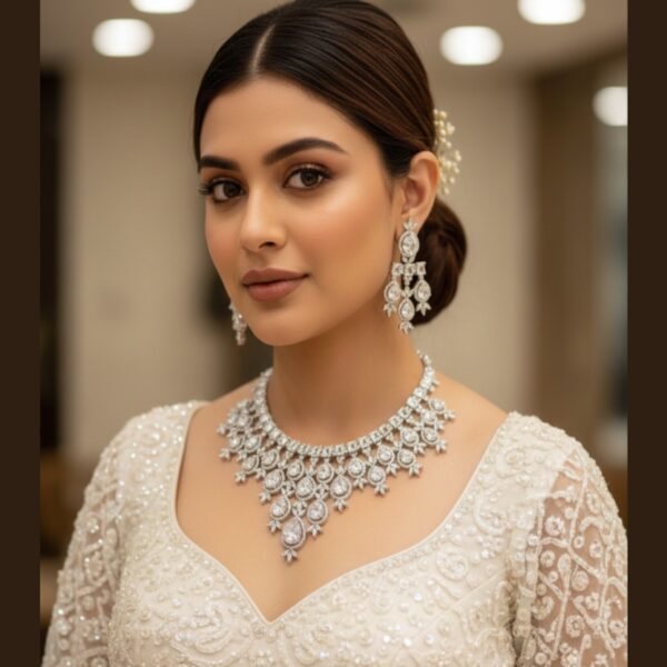 Kacper Women's Traditional Gold Plated AD Stone Colour White Collar Bone Necklace Set