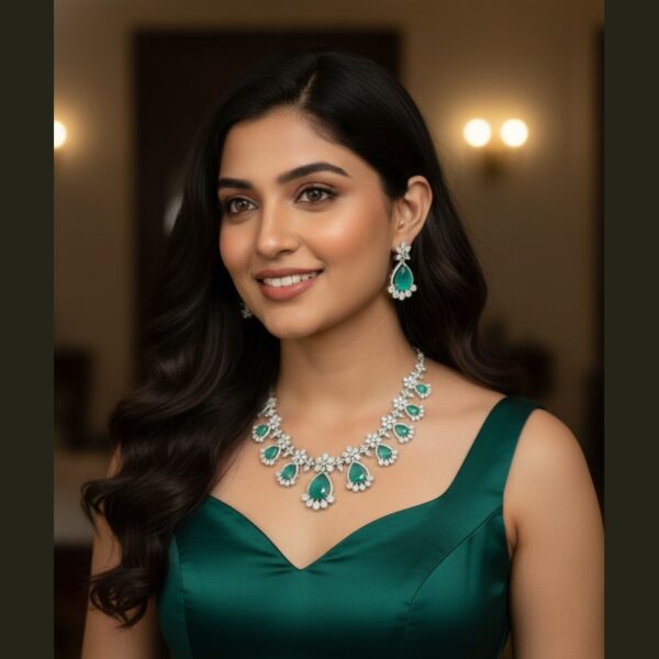 Kacper Women's Traditional Gold Plated AD Stone  Colour Green Collar Bone Necklace Set