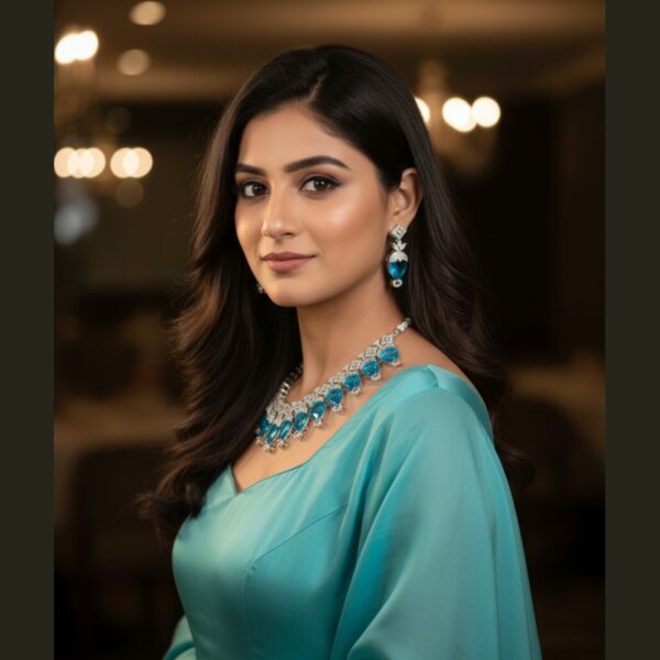 Kacper Women's Traditional Gold Plated AD Stone  Colour Sky Blue  Collar Bone Necklace Set