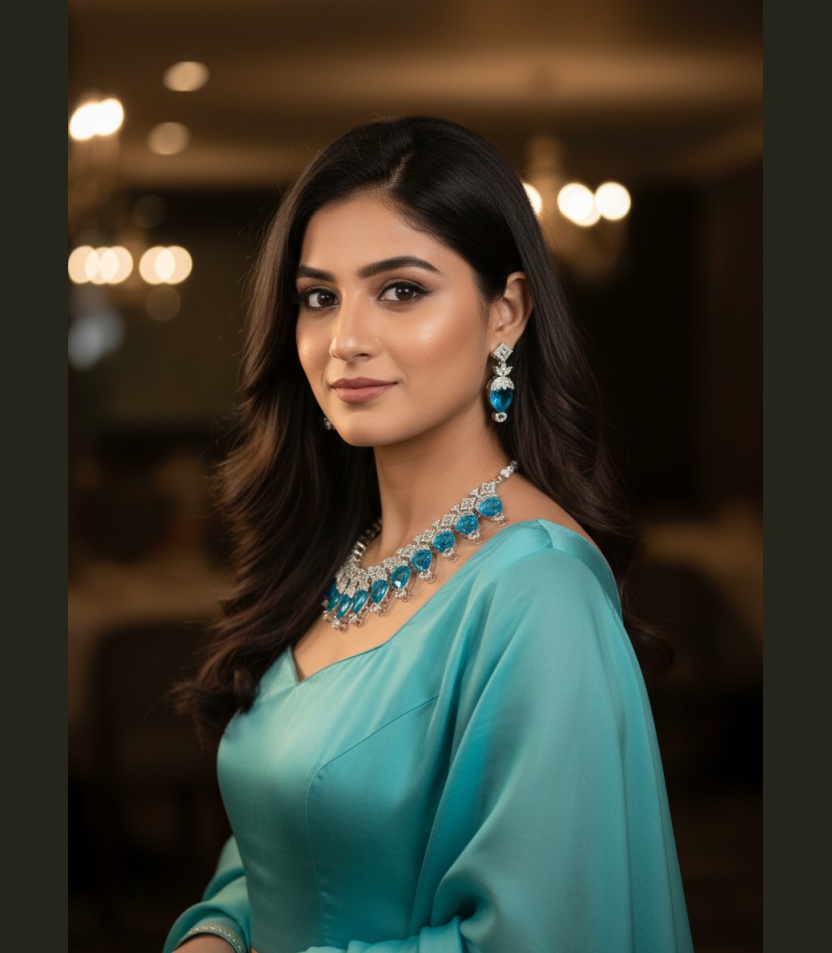 1 (63) Kacper Women's Traditional Gold Plated AD Stone Colour Sky Blue Collar Bone Necklace Set - Image 1