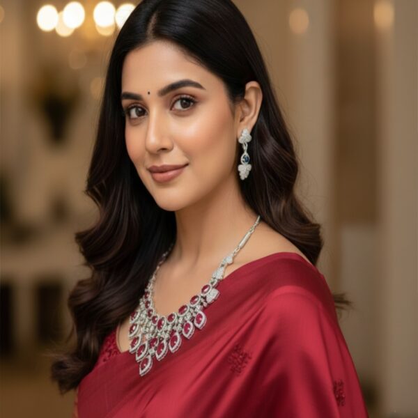 Kacper Women's Traditional Gold Plated AD Stone  Colour  Red Collar Bone Necklace Set